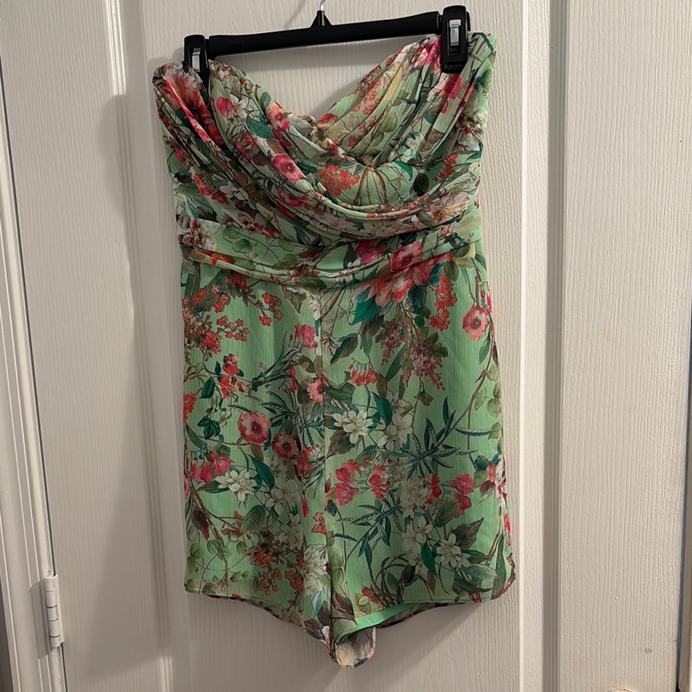 JAYGODFREY Lydia Romper Strapless Pleated Chiffon Green and Pink Floral Pantsuit - Picture 6 of 13